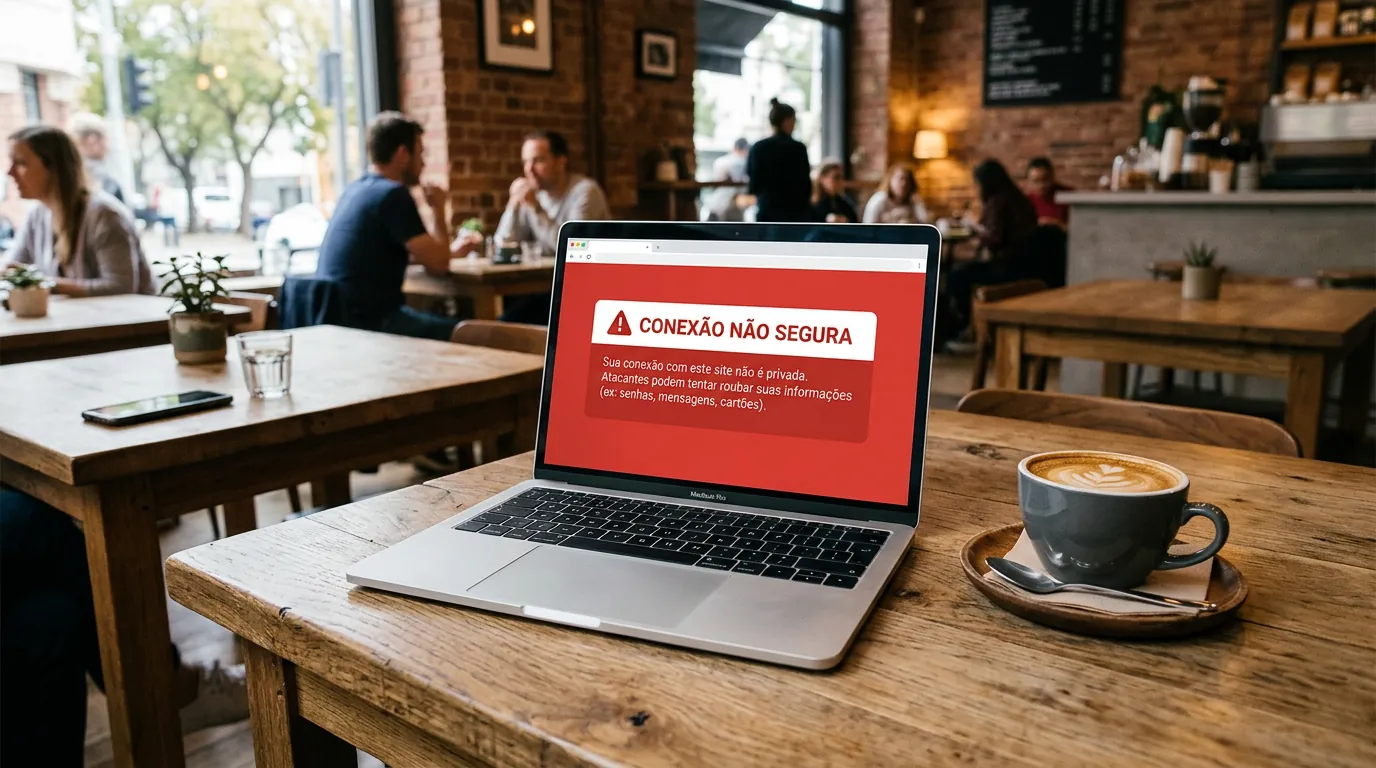 Notebook exibindo alerta de segurança em Wi-Fi de cafeteria