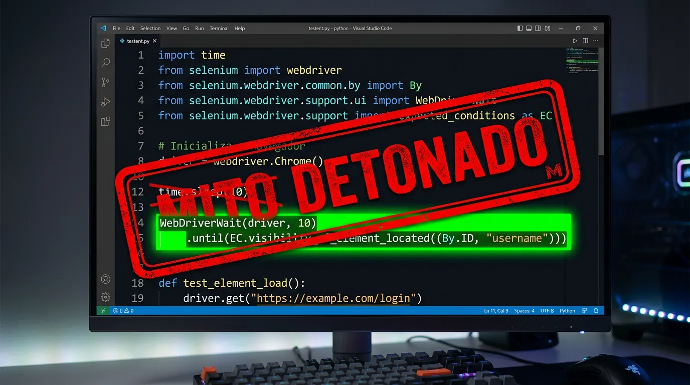 Exemplo de código mostrando a substituição de time.sleep por WebDriverWait