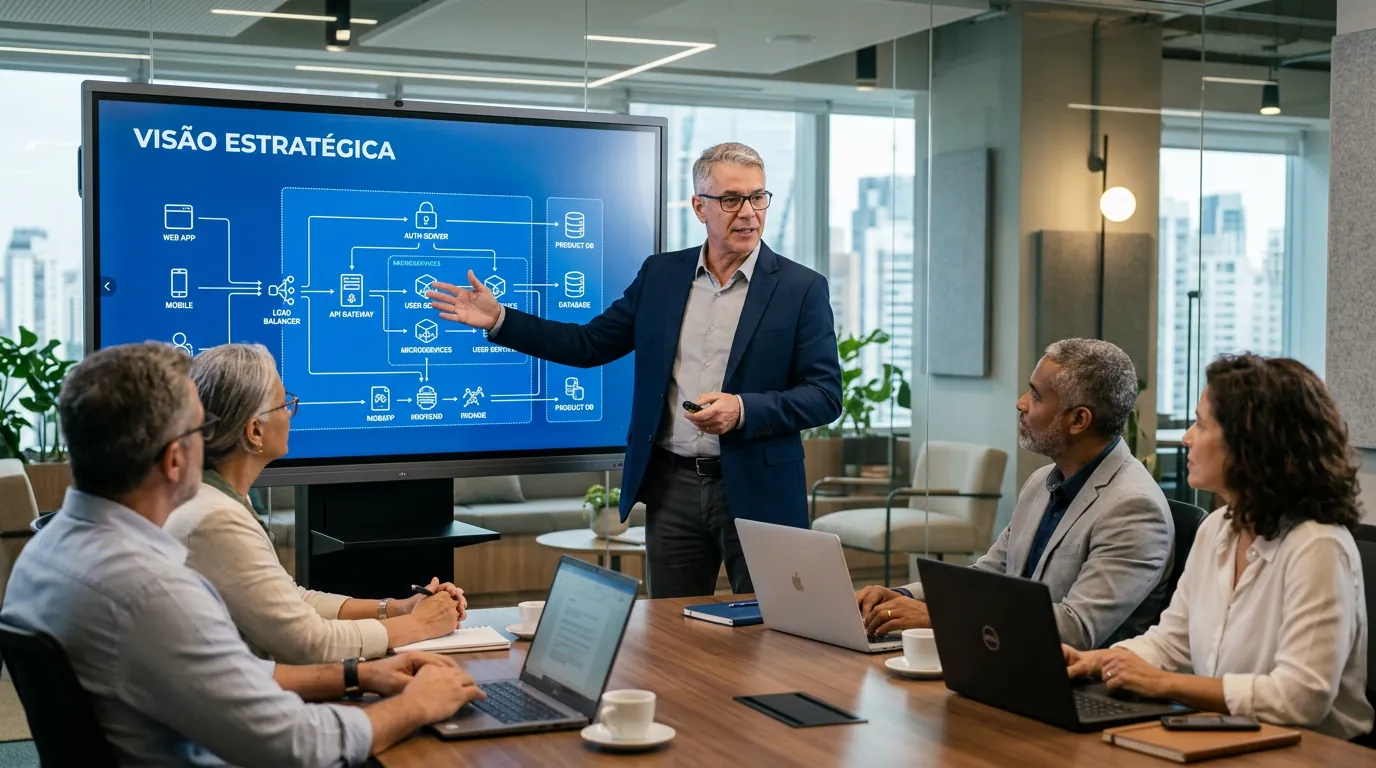 Profissional sênior apresentando visão estratégica de software