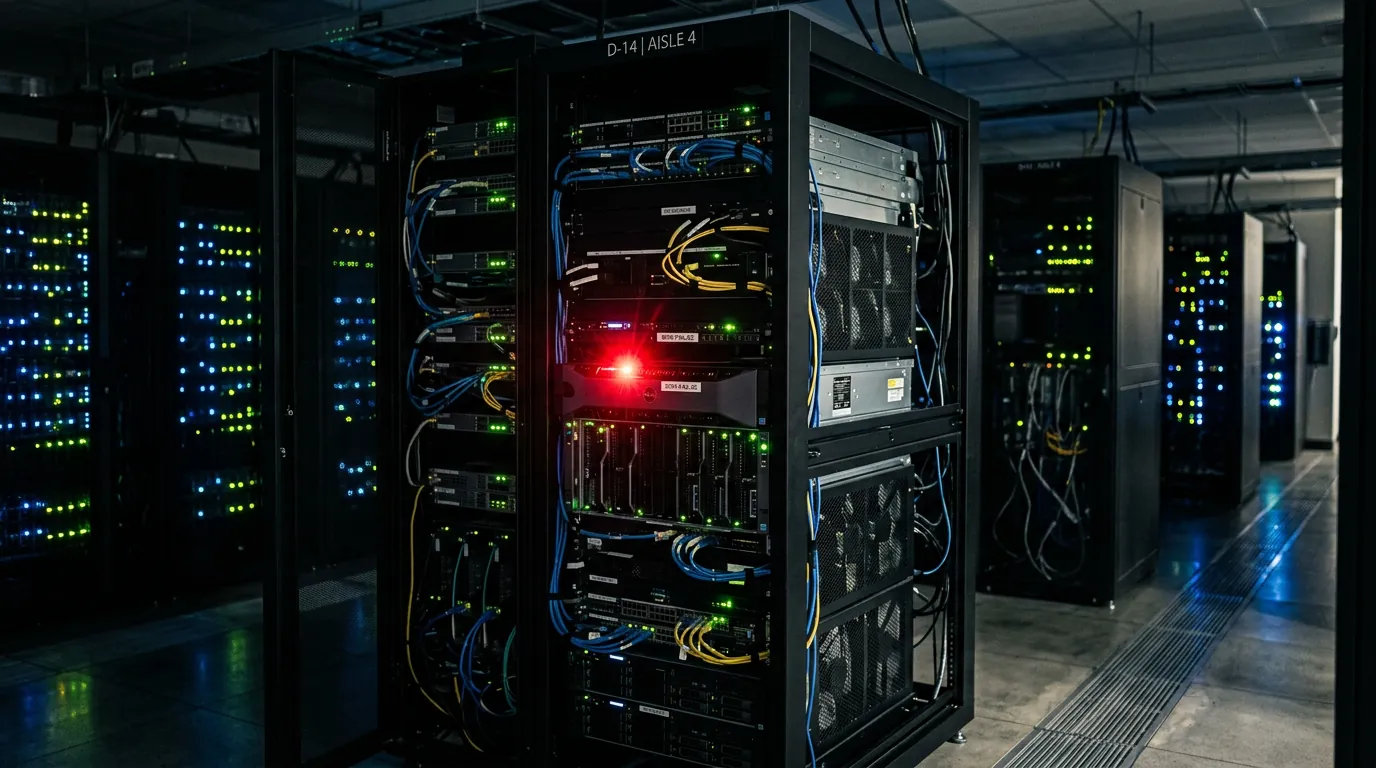 Servidor em data center com luz vermelha de erro