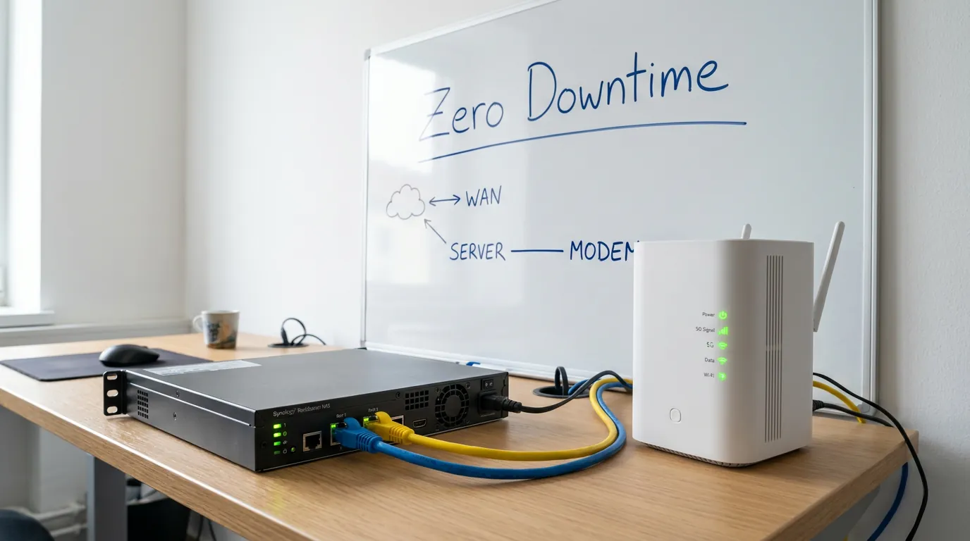Servidor de rede com conexões de fibra e modem 5G para redundância