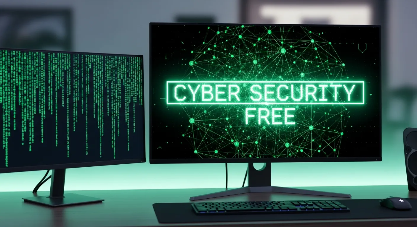 Setup de cibersegurança com monitores e códigos