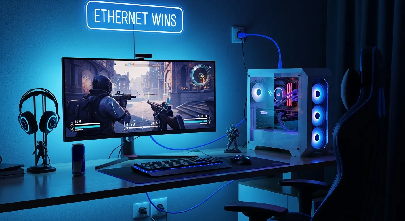 Setup gamer com cabo de rede conectado