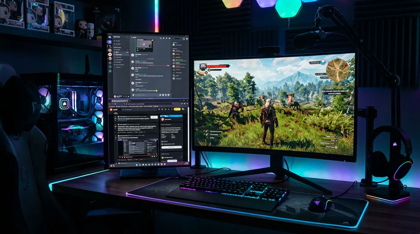 Setup gamer com dois monitores focado em multitarefa