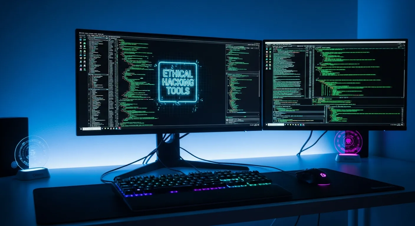 Setup de hacking ético com monitores exibindo códigos