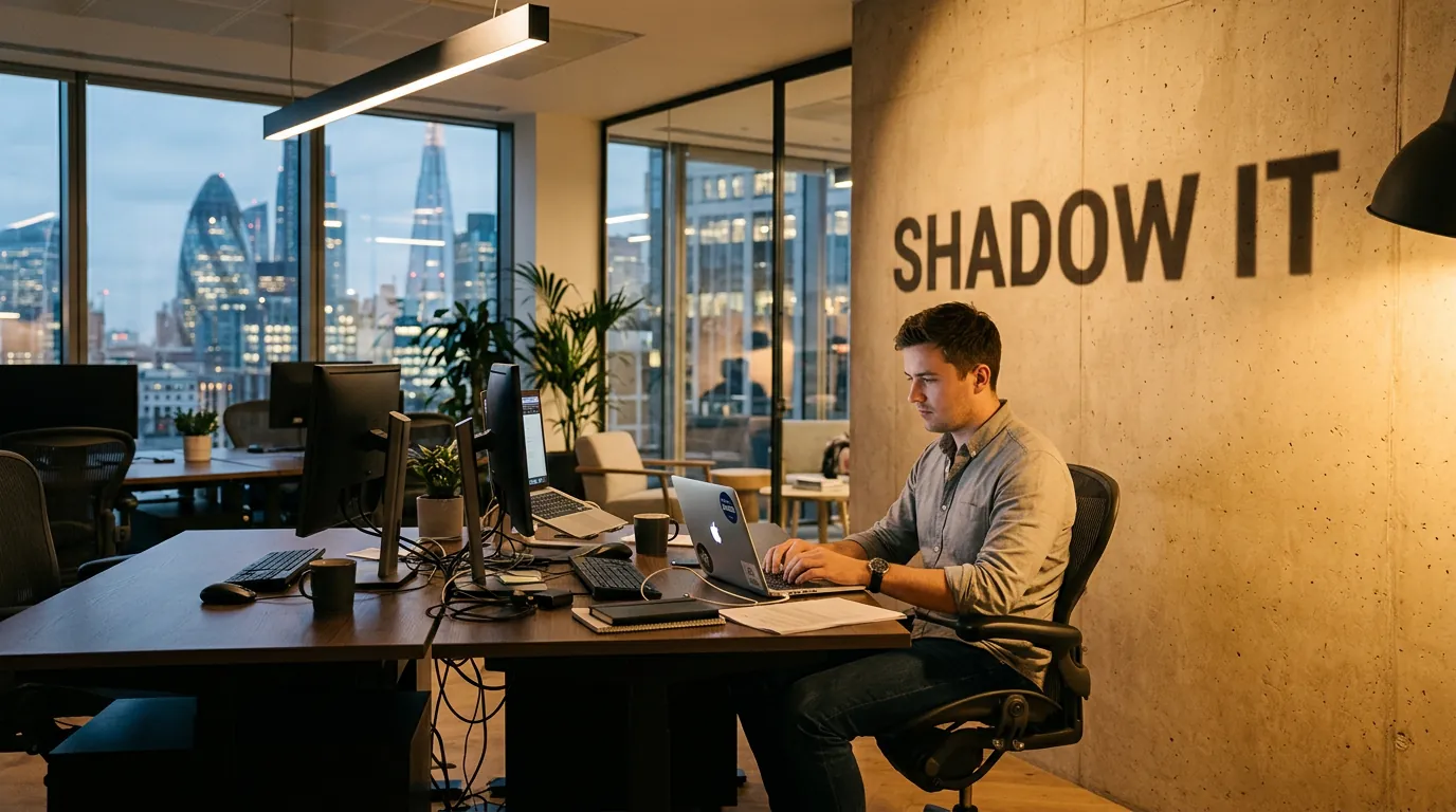 Funcionário usando Shadow IT no escritório corporativo