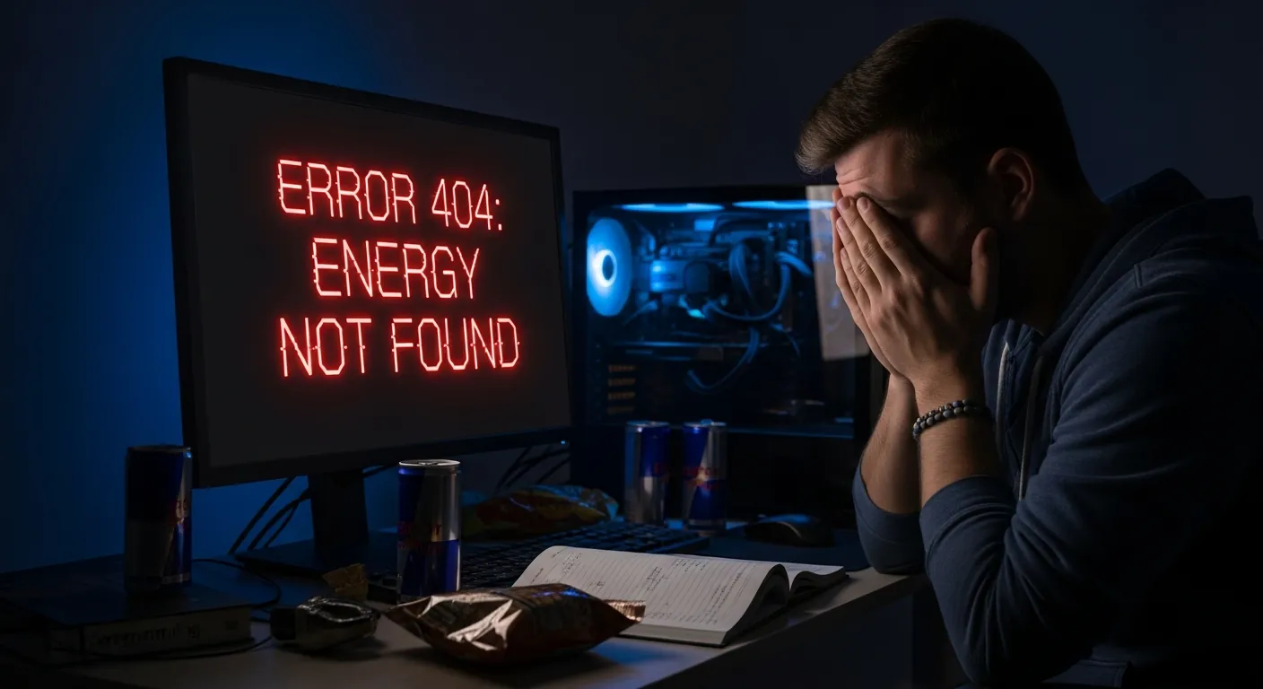 Programador exausto com sinais de burnout na frente do computador
