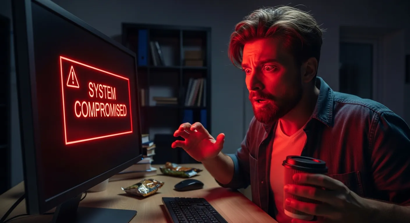 Desenvolvedor olhando painel de sistema hackeado por upload de arquivo