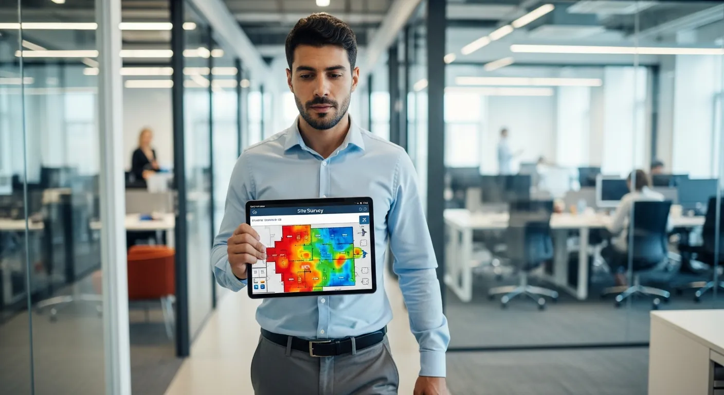 Engenheiro realizando Site Survey para mapear interferências Wi-Fi