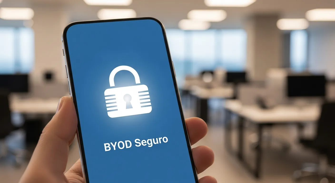 Smartphone com cadeado digital e texto BYOD Seguro