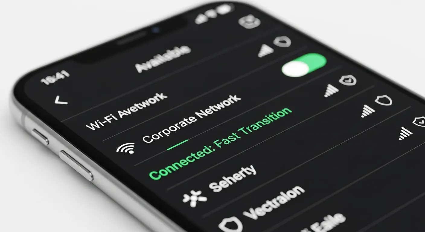 Tela de smartphone mostrando conexão Wi-Fi com Fast Transition ativo