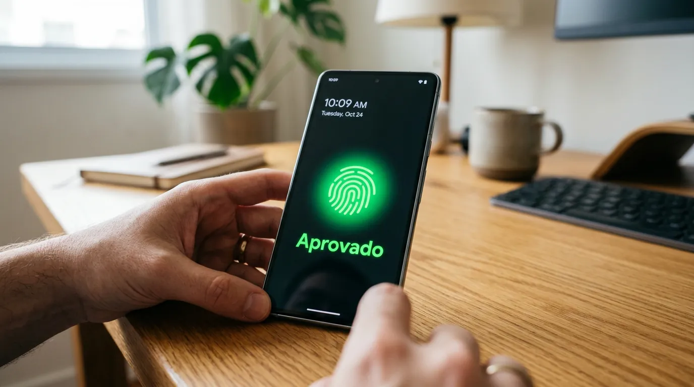 Tela de smartphone com autenticacao biometrica passkey