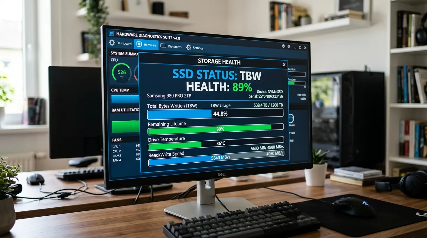 Tela de diagnóstico de SSD mostrando limite de TBW