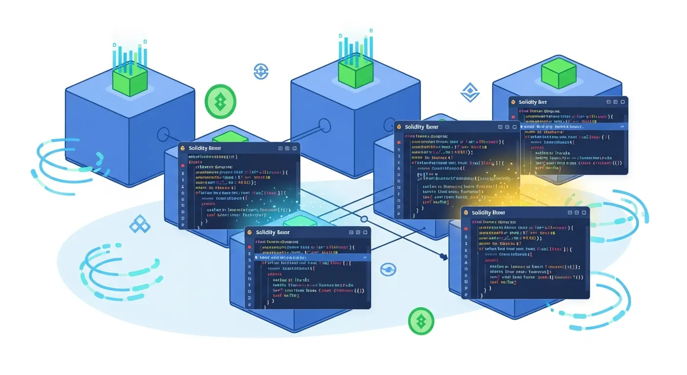 Alt Text: Código Solidity e arquitetura blockchain