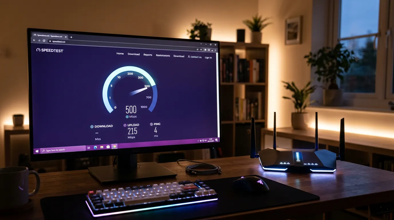 Tela do Speedtest marcando 500 Mbps