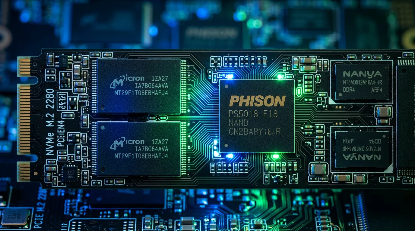 Detalhe de chips NAND e controladora em um SSD