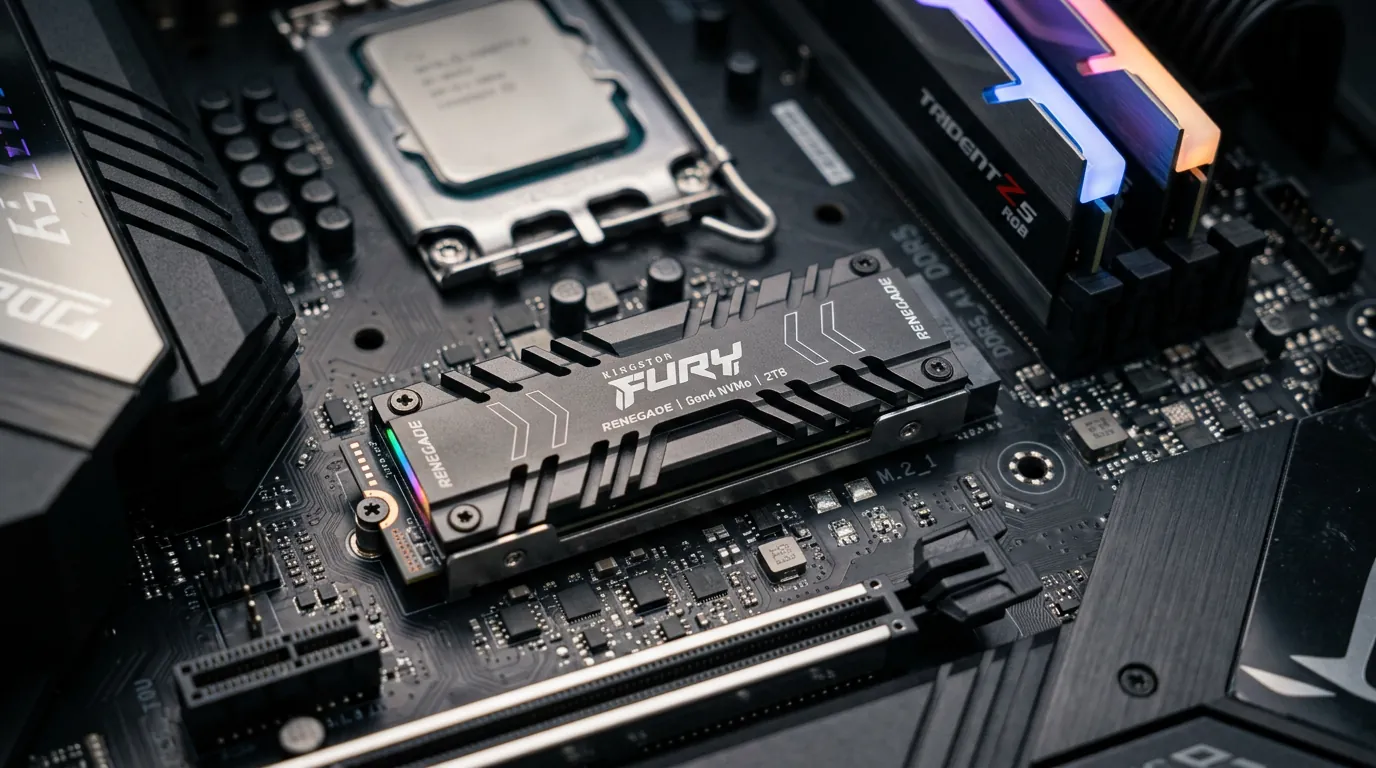 Detalhe de SSD NVMe PCIe 5.0 com dissipador