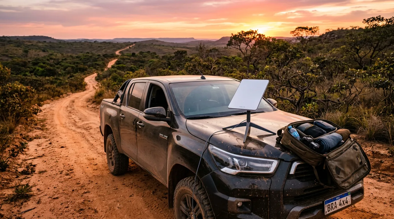 Antena portátil Starlink Mini instalada em veículo para internet em viagem