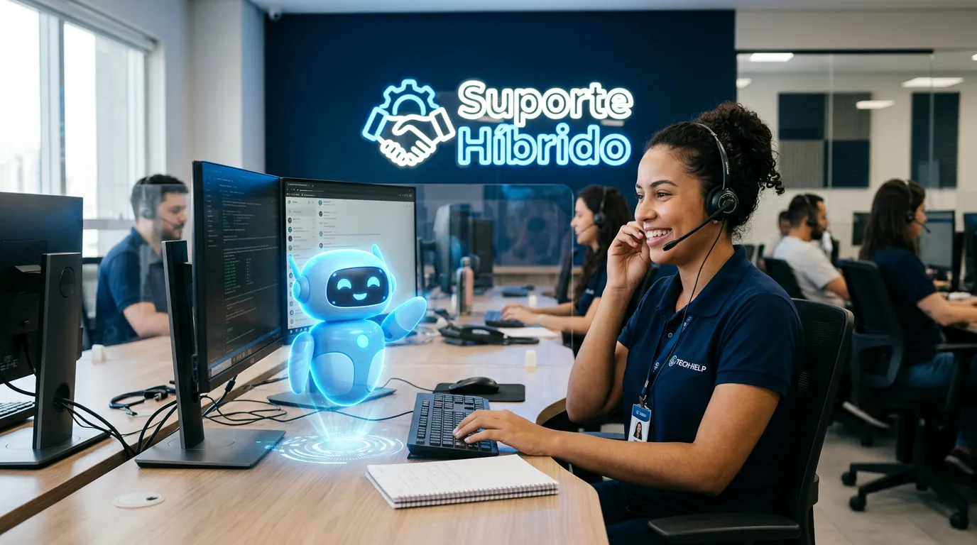 Atendente humano e IA trabalhando juntos