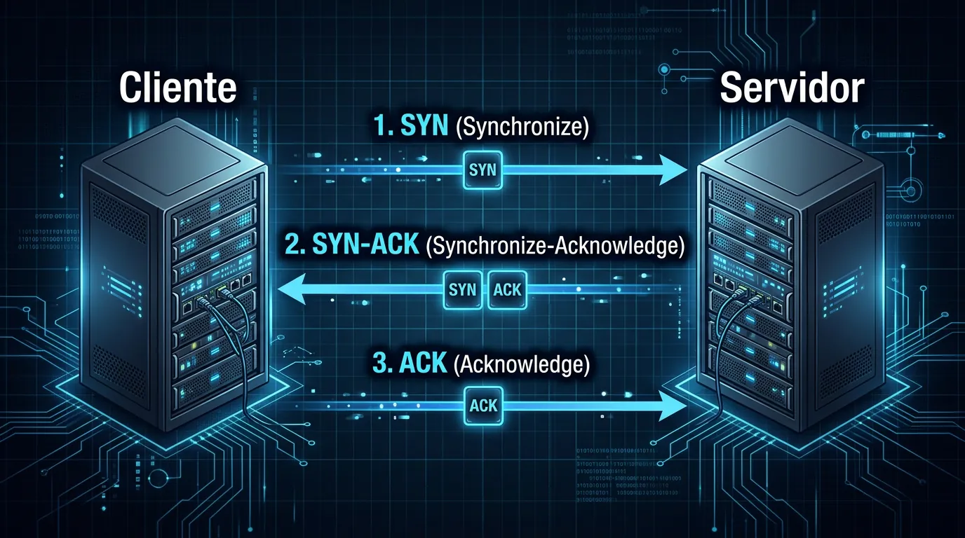 Diagrama do TCP Three-Way Handshake mostrando SYN, SYN-ACK e ACK