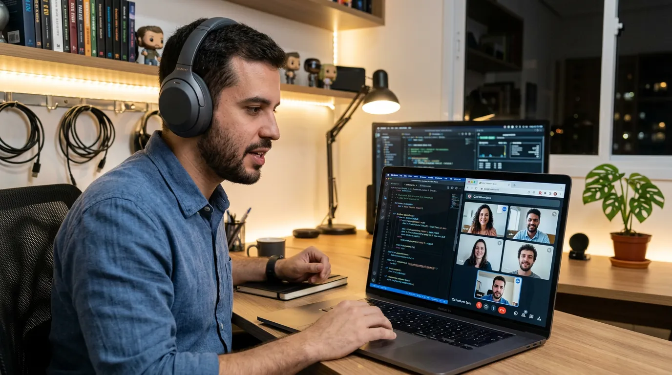 Profissional de TI participando de tech interview em inglês