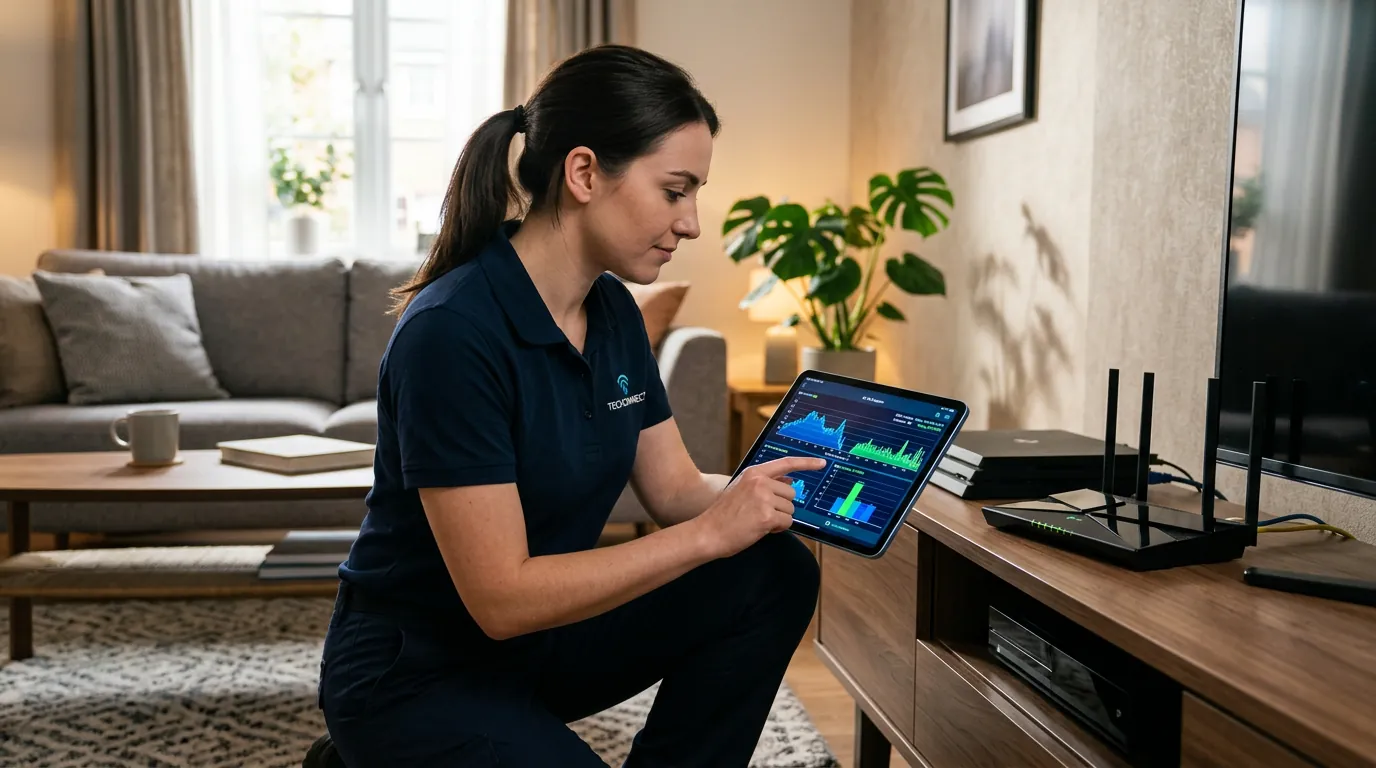 Técnico analisando sinal Wi-Fi com tablet