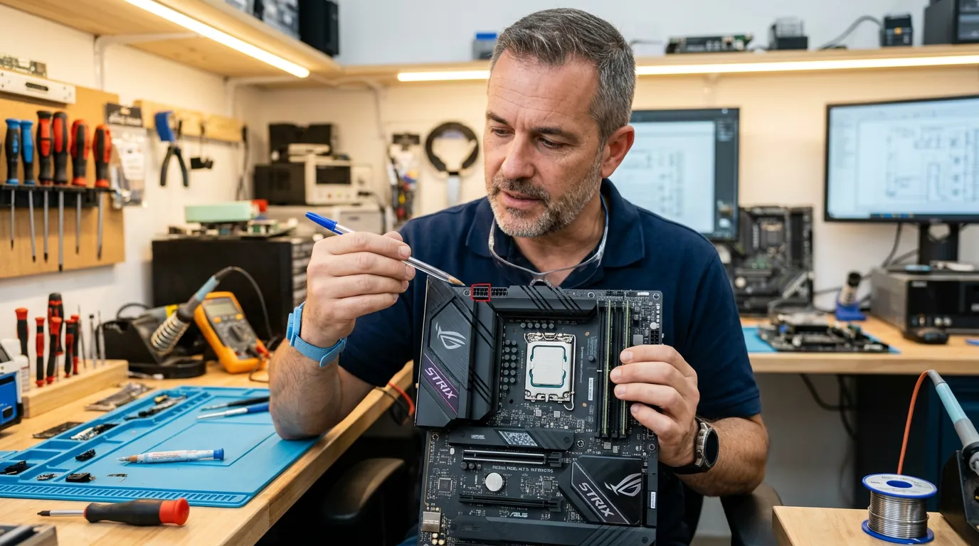 Técnico apontando para o conector EPS da placa-mãe