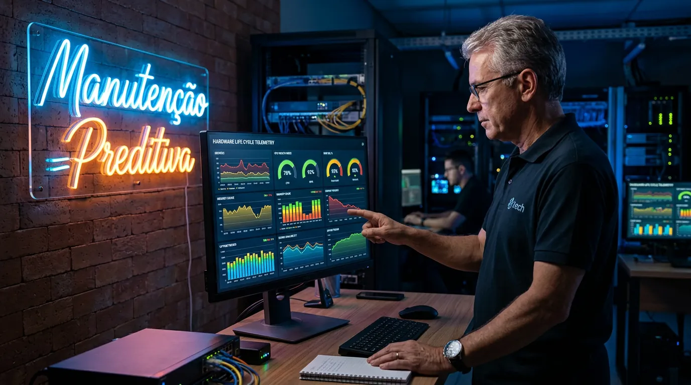 Técnico analisando dashboard de manutenção preditiva de hardware