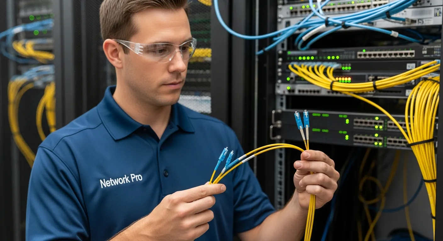 Tecnico de redes segurando conectores de fibra optica LC