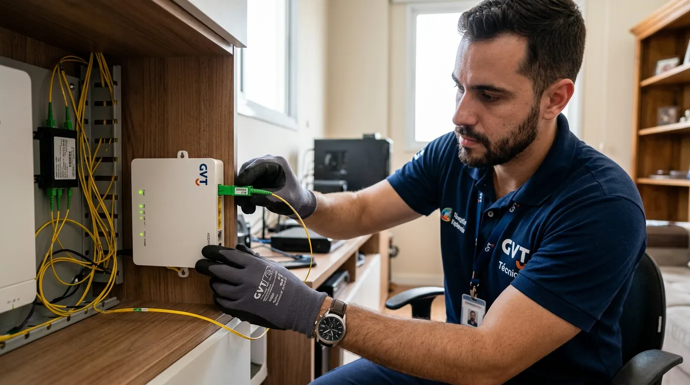 Técnico instalando atenuador óptico na fibra