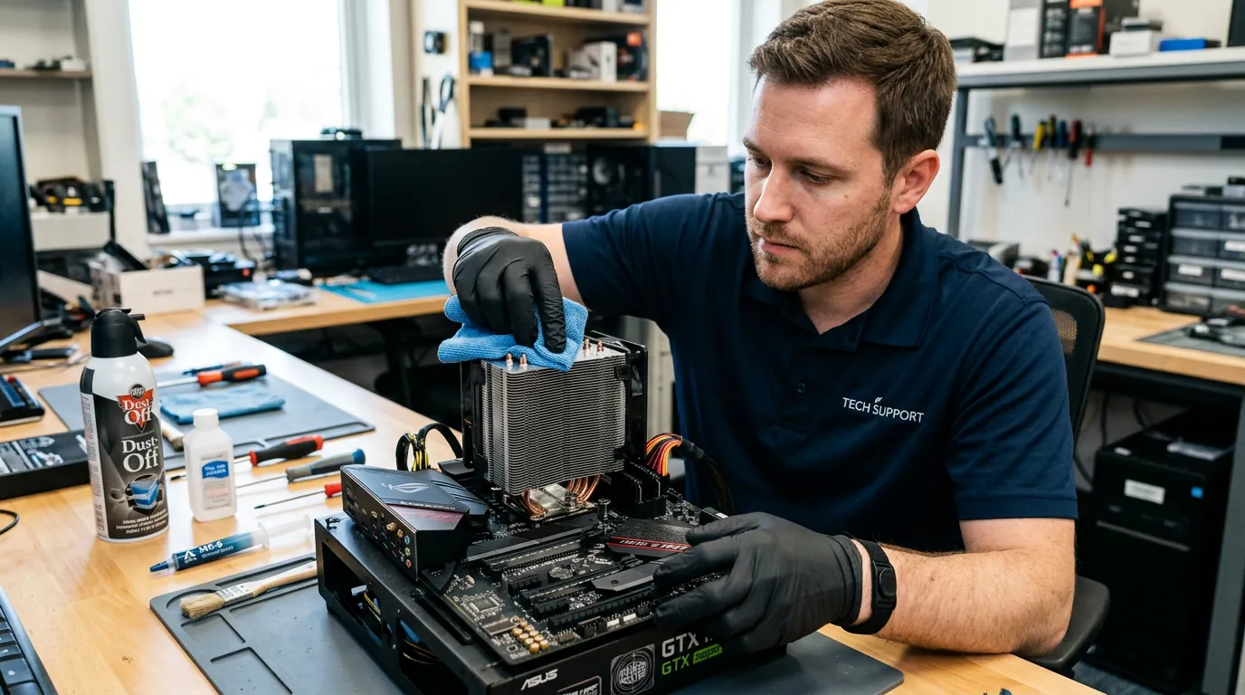 Técnico limpando dissipador de calor de PC
