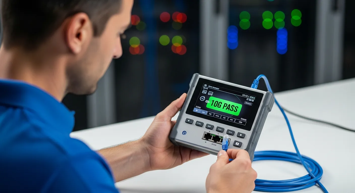 Técnico testando cabo de rede de alta velocidade