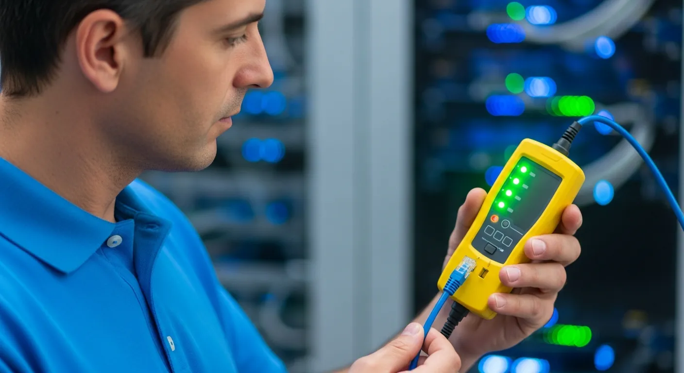 Tecnico testando cabo de rede RJ45 com testador de continuidade