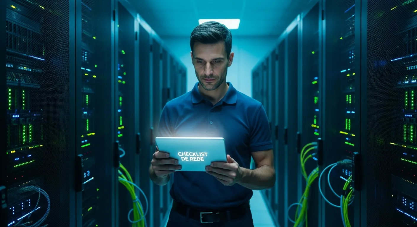 Tecnico de TI verificando checklist de manutencao de rede