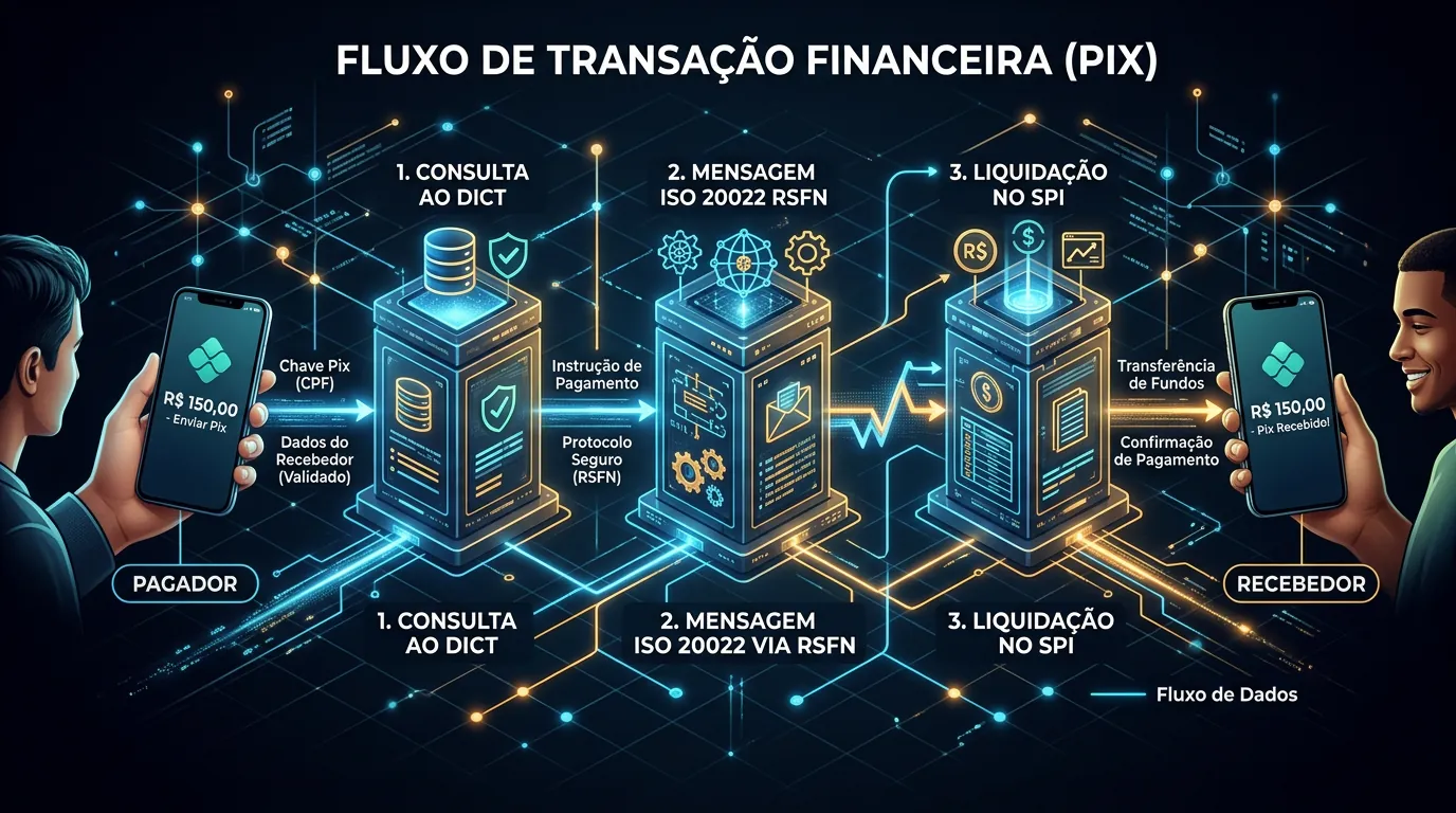 Fluxograma da arquitetura tecnológica do Pix entre DICT, RSFN e SPI