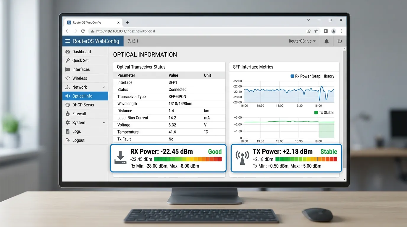 Tela de configuração da ONU mostrando sinal óptico