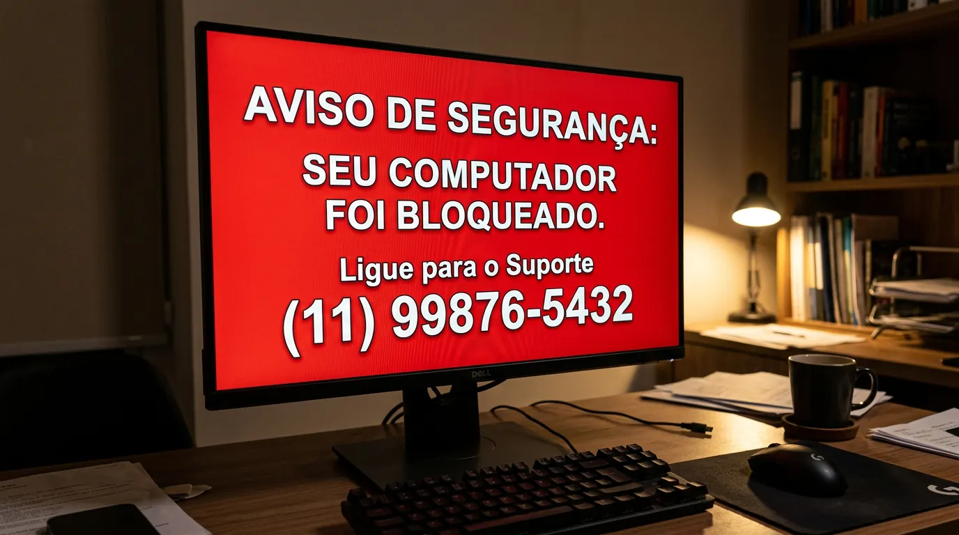 Tela de computador com pop-up de falso alerta de vírus