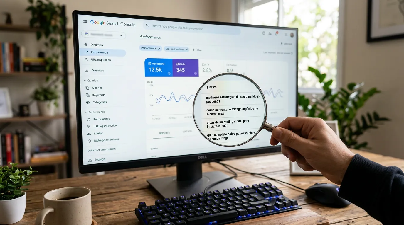 Interface do Google Search Console analisando palavras-chave