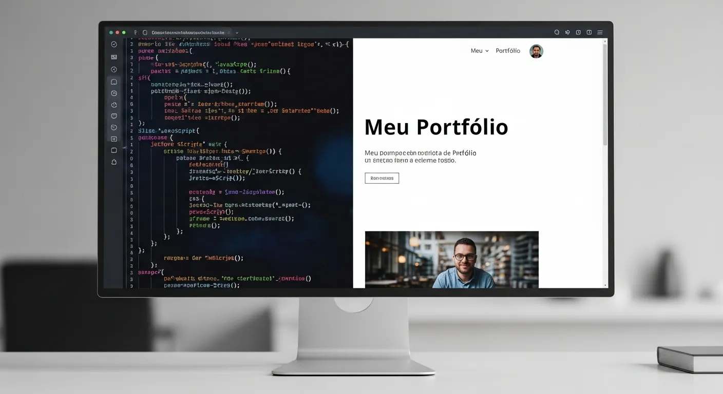 Tela de computador mostrando código e um portfólio de desenvolvedor