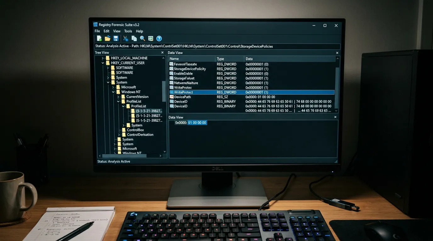 Tela de análise forense do Registro do Windows mostrando chaves e valores
