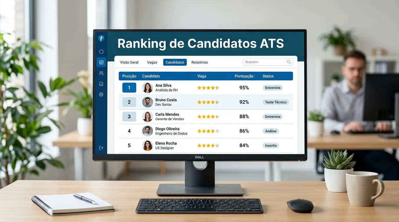 Painel de sistema ATS mostrando o ranqueamento de currículos de TI