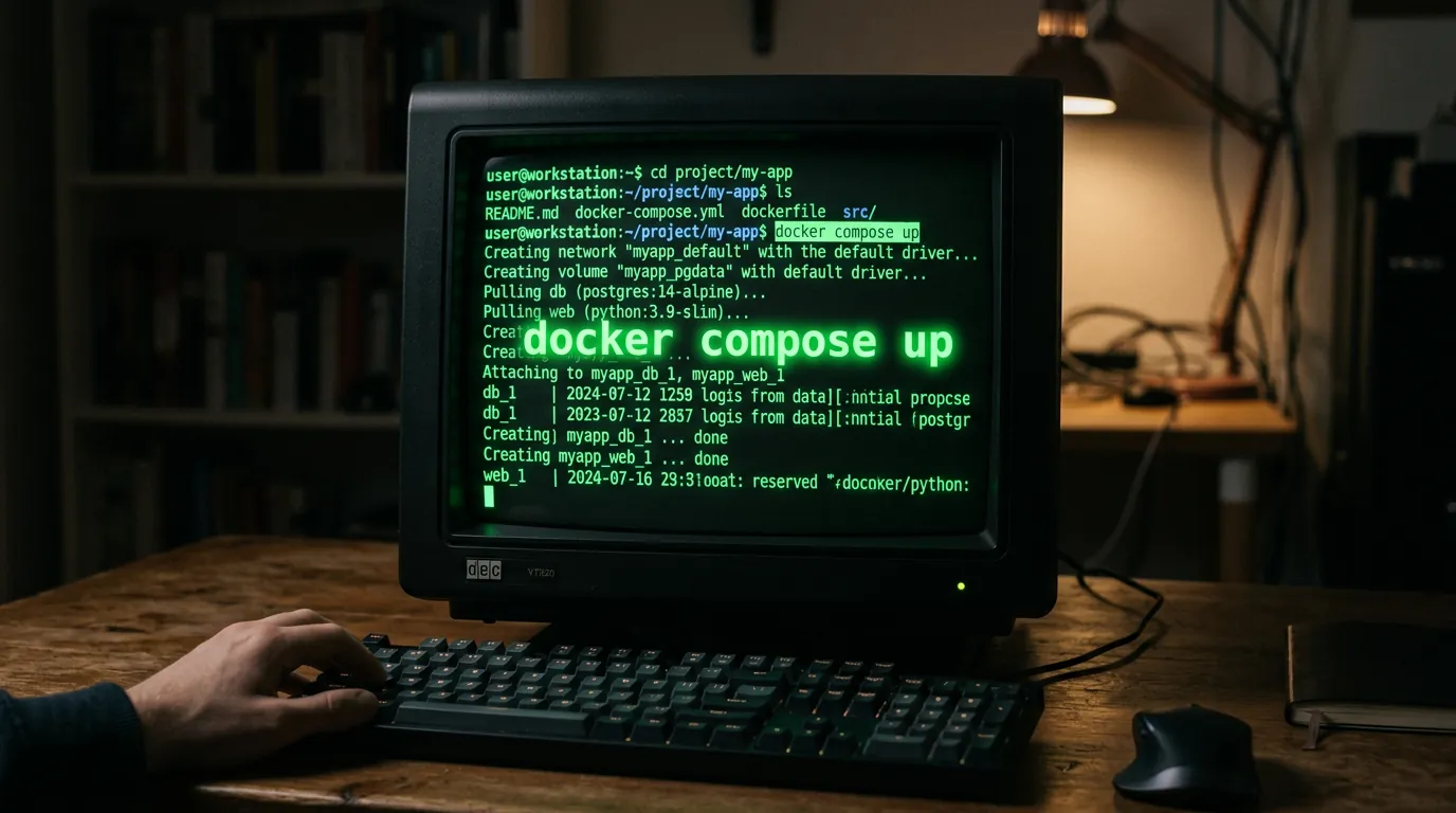 Terminal rodando docker compose up