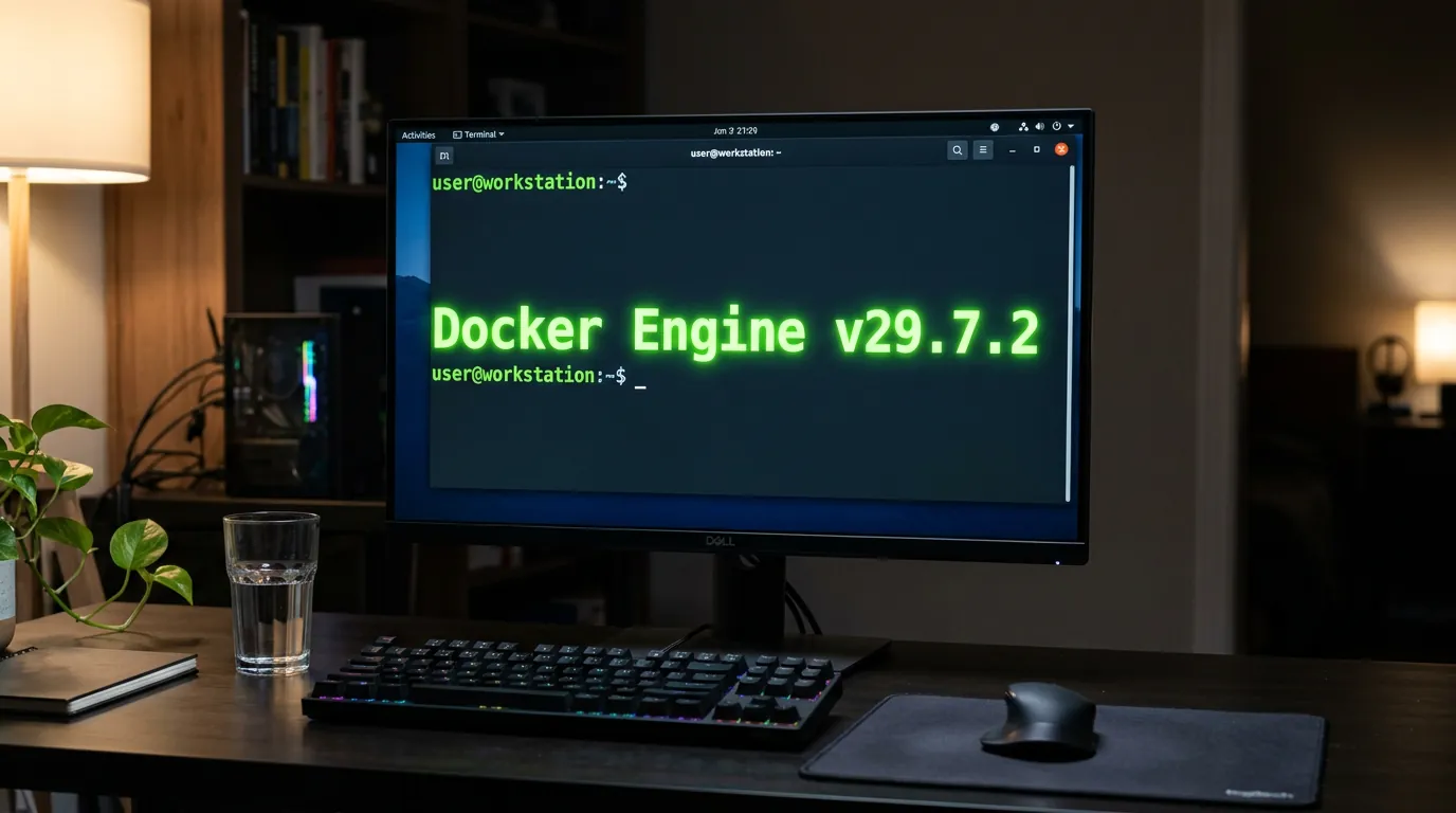 Terminal de computador rodando Docker Engine versão 29.7.2