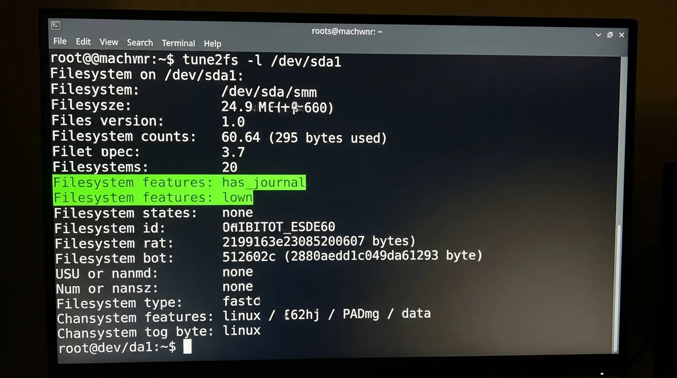 Terminal Linux mostrando recurso de journaling ativado