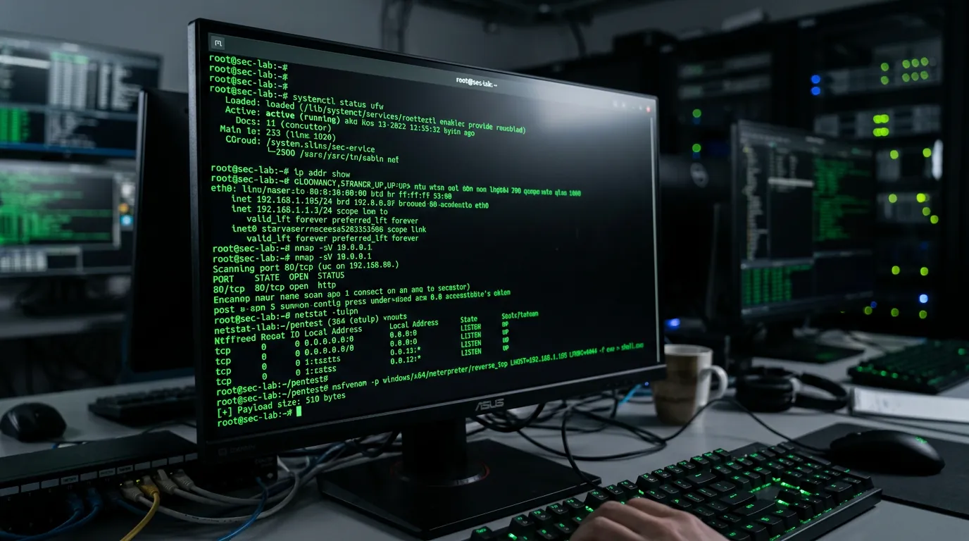 Terminal Linux em laboratório de cibersegurança
