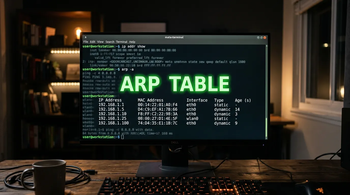 Tela de terminal mostrando tabela ARP
