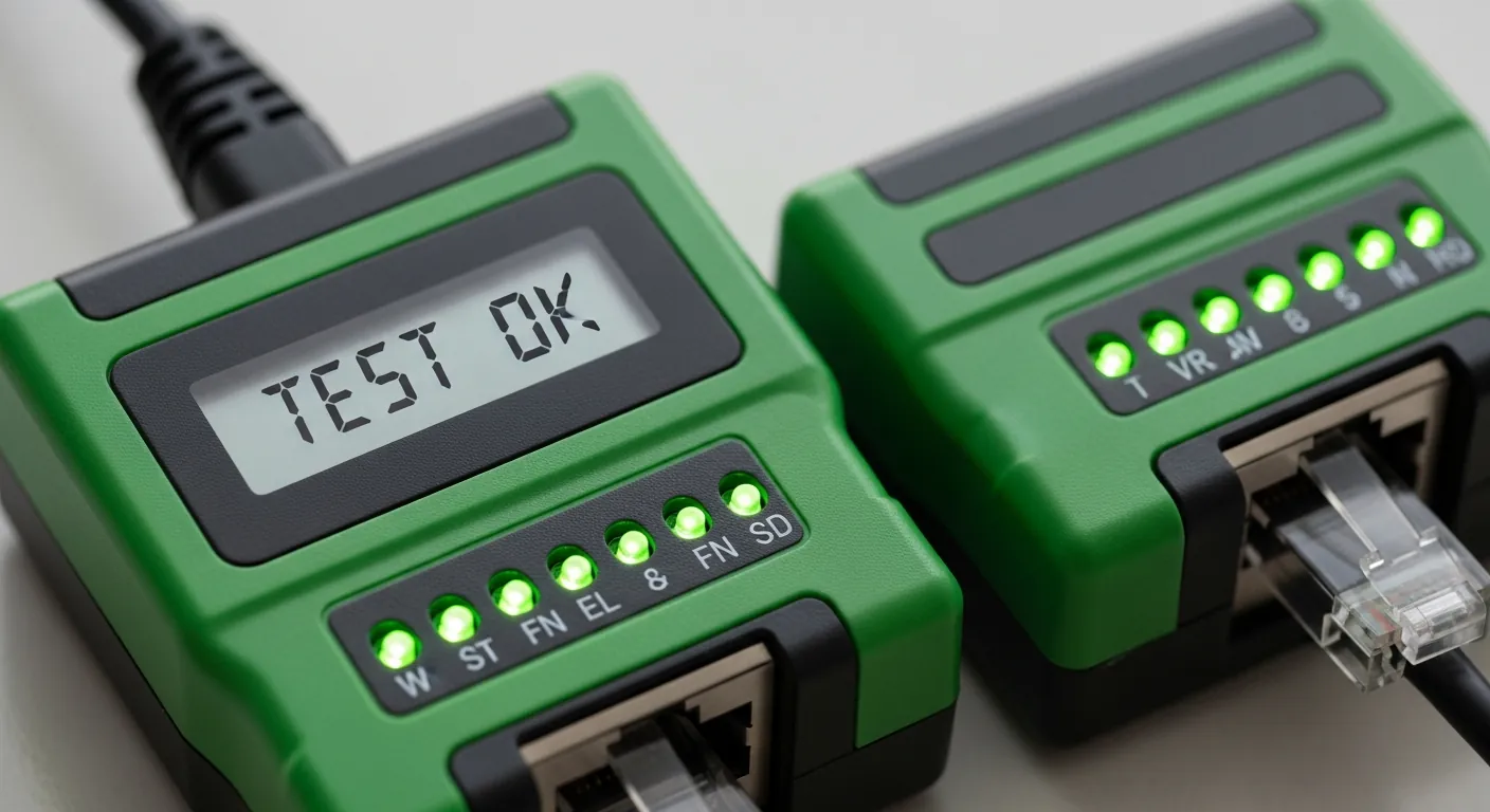 Testador de cabos de rede RJ45 em funcionamento