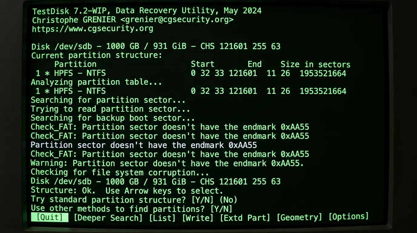 Interface do TestDisk analisando uma tabela de partição