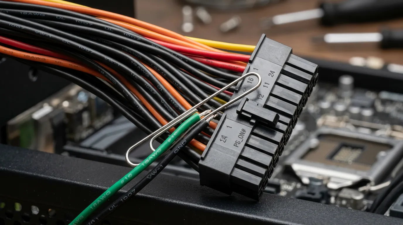 Conector ATX 24 pinos com clipe de papel inserido realizando o jump-start