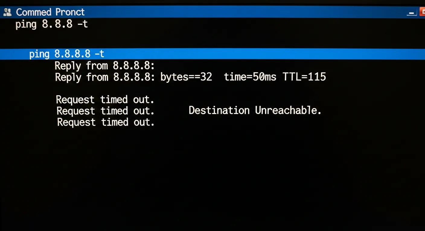 Teste de ping no CMD mostrando perda de pacotes